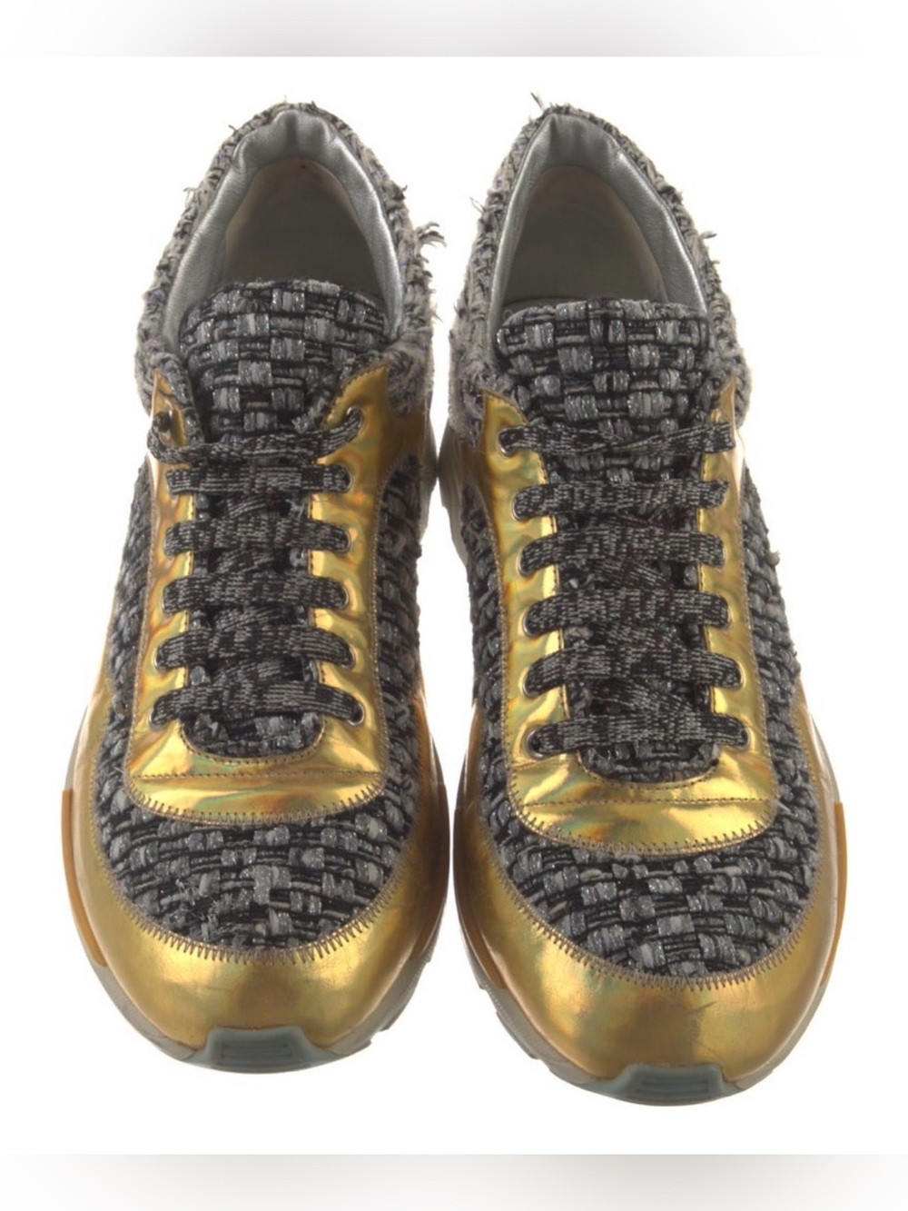 CHANEL Gold and Gray Woven Sneaker